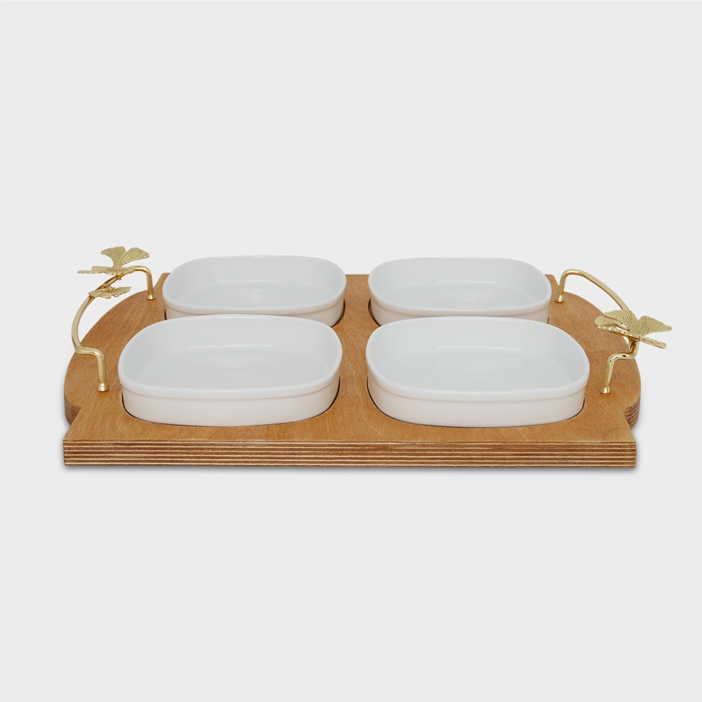 4 section square snack serving tray with wooden base and brass 6082 - Delight Home Gifts اردو خوری مربع 4 تکه با سینی چوبی