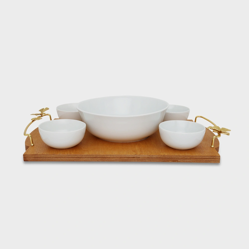 5 pieces serving bowls with wooden tray 6080 - Delight Home Gifts کاسه سرو 4 نفره 6 پارچه چوبی و چینی