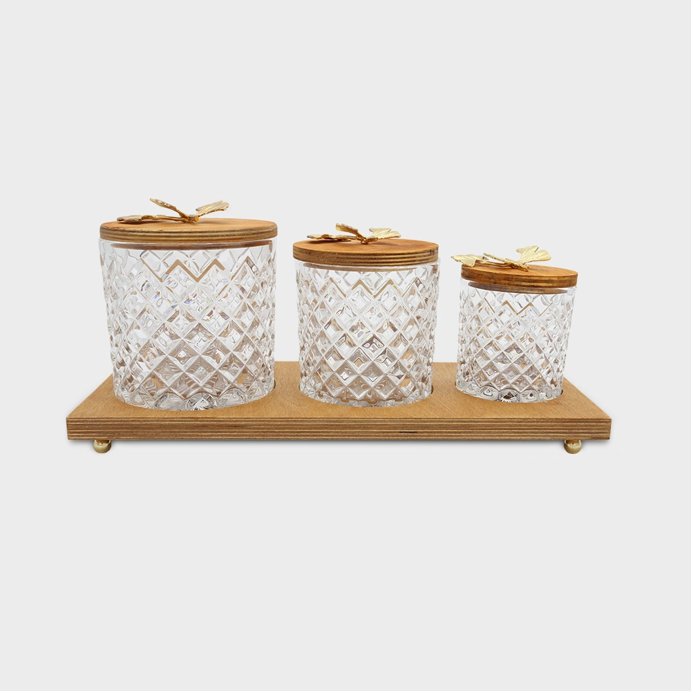 large 3 size canister set 6084 Delight Home Gifts ست بانکه بزرگ کریستالی و چوبی