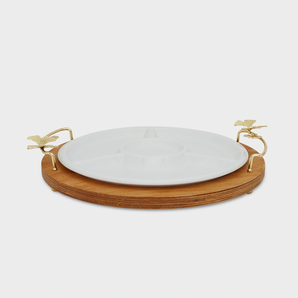 porcelain circular snack serving dish with wooden base 6081 - Delight Home Gifts اردو خوری گرد 4 خانه چینی با سینی چوبی