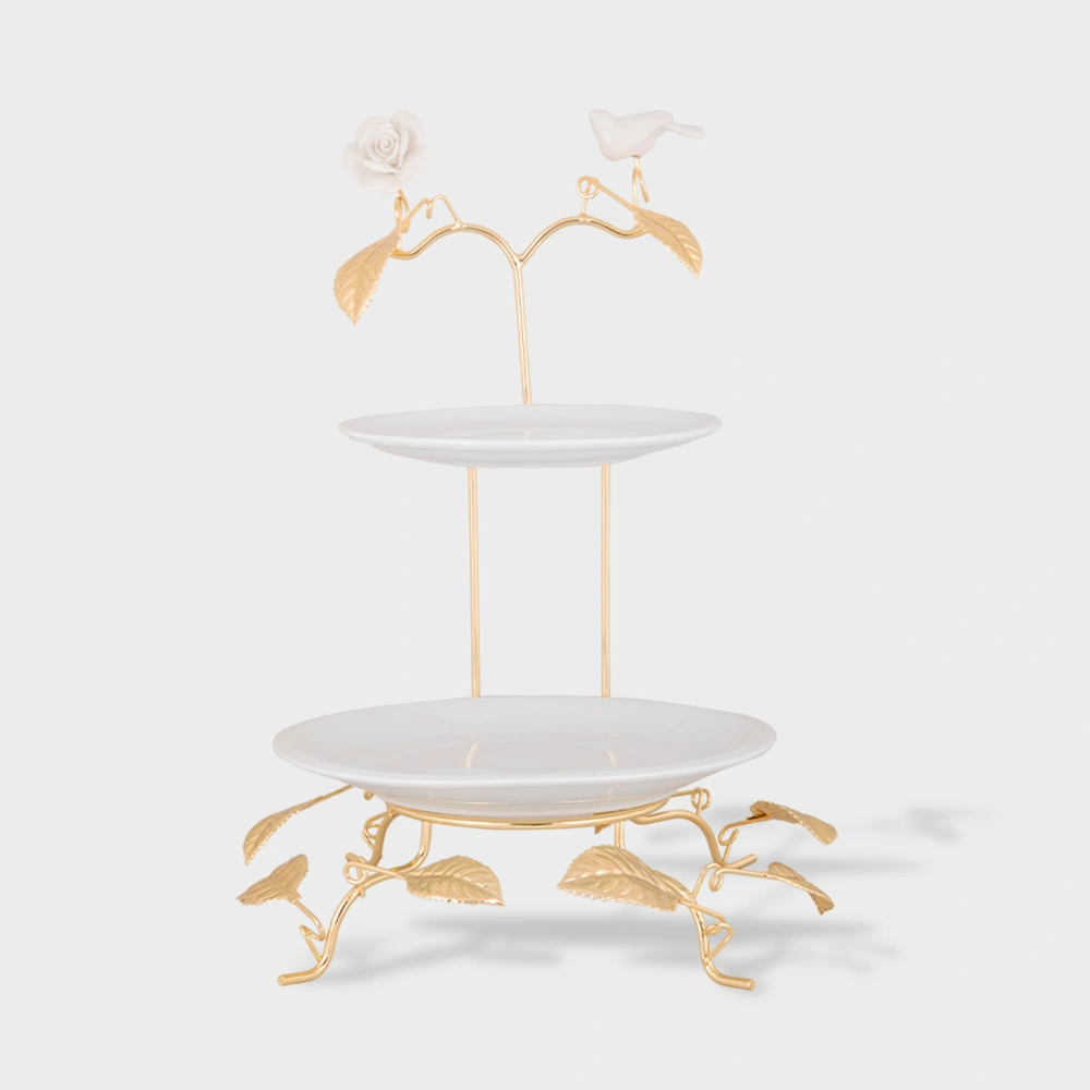 2-tier circular serving dish on leaf stand 6007 Delight-Home-Gifts ظرف پذیرایی چینی 2 طبقه گرد روی پایه فلزی