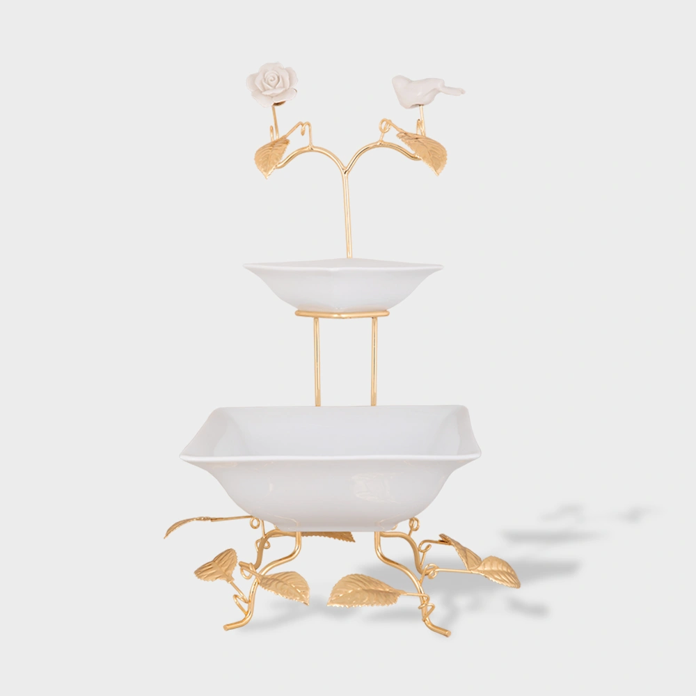 2-tier square serving bowl on leaf stand 6006 Delight-Home-Gifts کاسه پذیرایی چینی 2 طبقه مربع