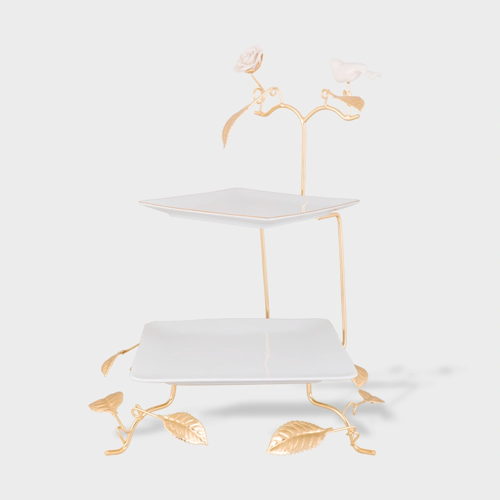 2-tier square serving dish on leaf stand 6008 Delight-Home-Gifts ظرف پذیرایی چینی 2 طبقه مربعی روی پایه