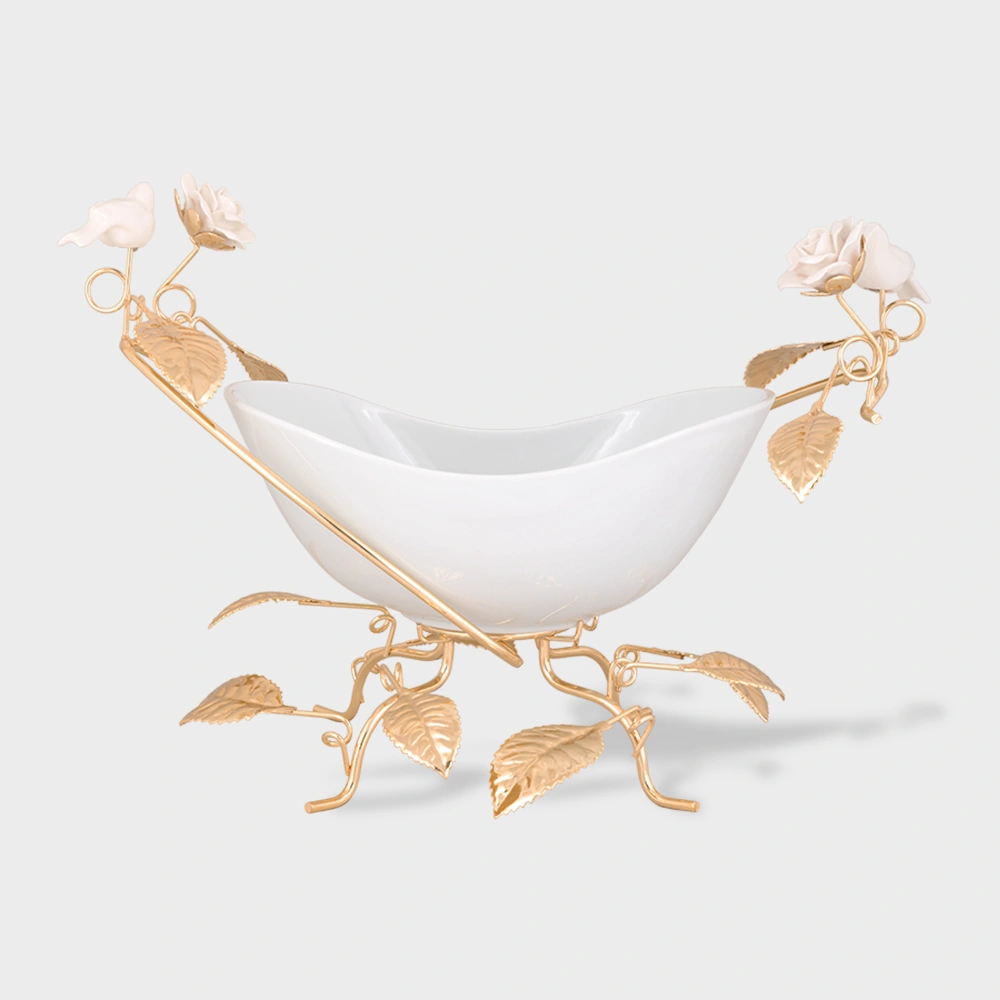(monza) serving bowl on leaf stand 6002 Delight-Home-Gifts کشکول مونزا چینی روی پایه فلزی